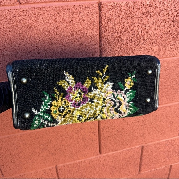 Vintage Petit Point Handbag Black Floral Leather Trimmed Wool Handstitched - Picture 11 of 14